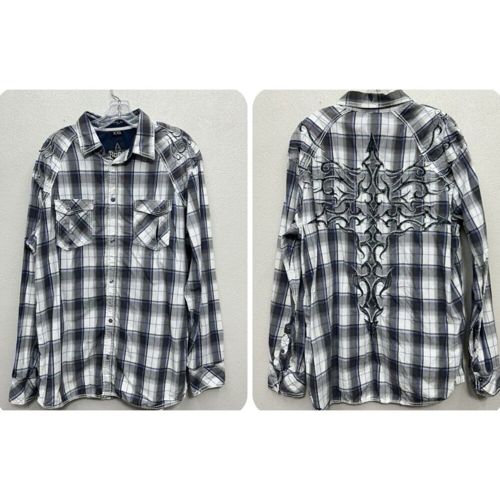 Buckle Roar Button Up Shirt Mens 2XL XXL Plaid Embroidered Long Sleeve Biker